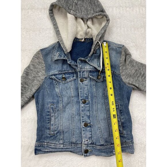 Free People Knit Hooded Denim Jacket XS Long Sleeve Removable Hood Button Up - Picture 8 of 9